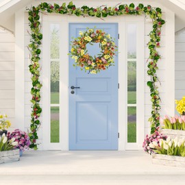 AMF0RESJ 20 inch Spring Summer Wreaths for Front Door Floral Wreath with Colorful Wildflowers,Eucalyptus Leaves,Olive Leaves,Small Berries for Indoor Outdoor Farmhouse Home Wall Window Festival Decoration