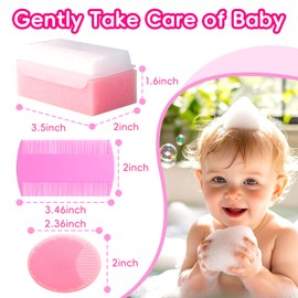 Cradle Cap Brush for Babies, Baby Bath Essentials with Silicone Scrubber Bath Sponge Dual-Sided Comb for Newborns Toddlers Boys Girls (Pink, Set of 5)
