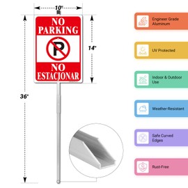 No Parking English Spanish Bilingual Sign, 2 Pack-14"x10"Reflective Aluminum with 36" Long Metal Stakes Set, UV Protected, Fade Resistant, Portable No Parking Sign for House or Business, Easy to Mount