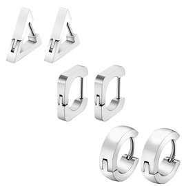 Cupimatch 3 Pairs Stainless Steel Earrings Triangle Round Square Huggie Hoop Earrings Set for Men Women,Silver for Mothers Day