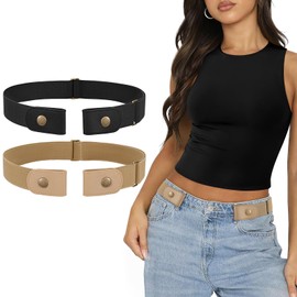 SANSTHS Pack of 2 Belts Without Buckle Women Men Elastic Stretch Adjustable Invisible Belt B Black Khaki L