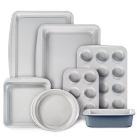 CAROTE 7-Piece Nonstick Stackable Baking Pans Set - Bakeware Sets Including Cookie Sheets for Baking, Muffin Pan, Bread Pan, Cake pan, Loaf Pan, Roasting Pan, Gray & Blue