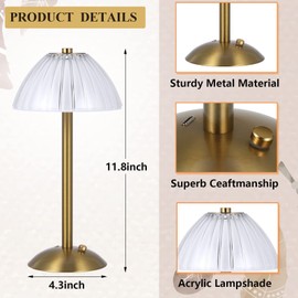 Liliful 2 Pcs Cordless Table Lamp Rechargeable Touch LED Small Gold Portable Battery Operated USB-c Desk Lamp 3 Color Dimmable for Bedroom Living Room Dining (Gold,Mushroom Style)