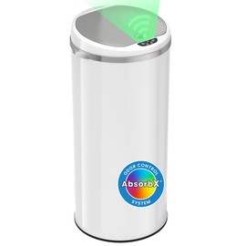 iTouchless 13 Gallon Trash Can with Odor Filter, Round White Stainless Steel Trashcan Garbage Bin for Home Office Work Bedroom Living Room Garage Large Capacity Slim Wastebasket