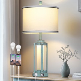 Industrial Farmhouse Table Lamp, 26" Vintage Rustic Beside Lamp with USB A+C Charging Ports & AC Outlet, Nightstand Metal Lamp with LED Night Light & Fabric Shade for Living Room Bedrooms Blue
