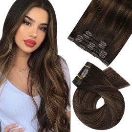 Moresoo Clip-In Human Hair Extensions, Balayage Remy Human Hair Extensions Clip, Darkest Brown with Medium Brown, Straight Hair, 5 Wefts, 80 g, 25 cm, #2/6/2