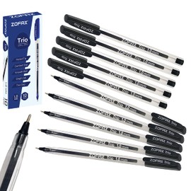 ZOFAX Trio Ballpoint Pens, BLACK, 1.0mm Medium Point, Pack of 10, Triangular Comfort Grip, Smooth Writing, Office School Home Value Biros Ball Pens