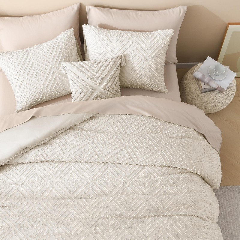 Litanika Beige King Size Comforter Set, 3 Pieces Cream Tufted