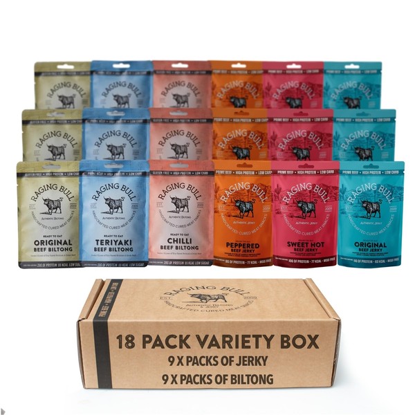 Raging Bull Biltong & Jerky 18 Bag Variety Box – Deliciously Tender Biltong and Jerky Crafted with Our award-winning Expertise. High in Protein. 3 of each Flavour.