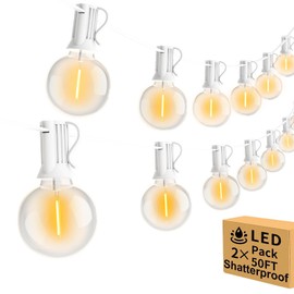 Vocevos 100FT 2Pack Outdoor String Lights LED Outside Waterproof Patio Lights Backyard Heavy-Duty Shatterproof Plastic G40 Bulbs Connectable Globe Light Decor Yard Café Exterior White Wire