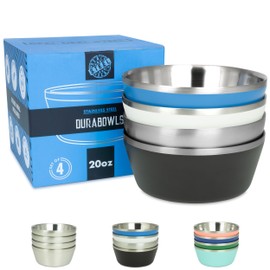 Stainless Steel Insulated Bowls for Kids and Adults - Set of 4-20 Oz Double Wall Metal Bowls for Ice Cream, Soup, Cereal, Snack, Rice Dish, Camping (Assorted 1 (Black, White, Blue, Natural))