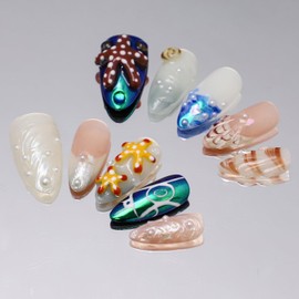 Medium Almond Thick Press on Nails Handmade Nails with Glue,Reusable Ocean Nails Sea Star Conch Designs Fake Nails Nude Pink Acrylic Nails Nature Stick on Nail False Nails for Wome (Size M)