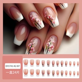 White French tips Press on Nails Medium Coffin Fake Nails with Flower Design Peach Blossom Glue on Nails Glossy False Nails Reusable Spring Nails for Women Girls Manicure 24pcs