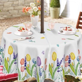 Horaldaily Spring Summer Outdoor Tablecloth 70×70 Inch, Floral Wild Flowers Tulips Seasonal Table Cover with Zipper Umbrella Hole for Party Dinner Patio Garden Picnic BBQ