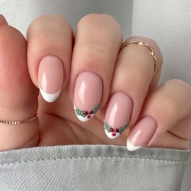 24 Pcs Short Almond Press on Nails Christmas Hollyhocks Fake Nails with White French Tip Designs Glossy Acrylic Nails Christmas Glue on Nails Cute Stick on Nails for Women Girls