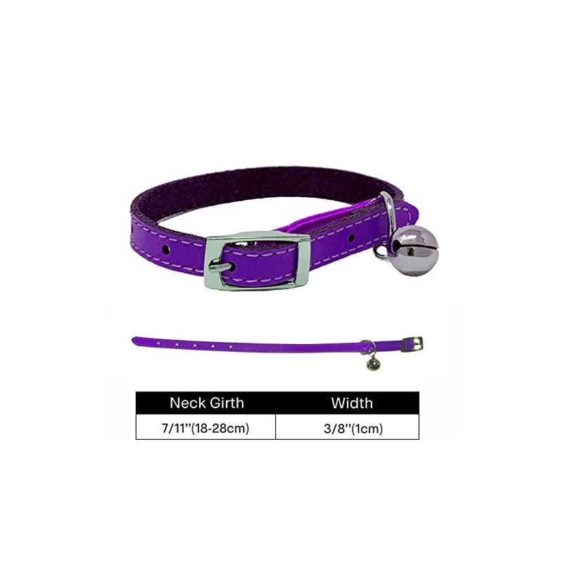 Cat Collar Real Leather with Safety Elastic, Bell, Available (Purple)