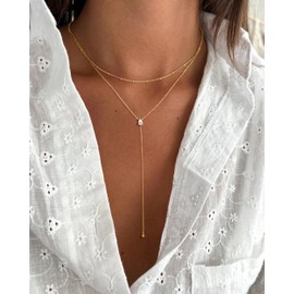 M MOOHAM Gold Lariat Necklace for Women - Dainty 14K Gold Plated Y-Shaped Drop Necklace Layered Cubic Zirconia Lariat Necklaces for Women Long Drop Necklaces Jewelry for Womens Gifts