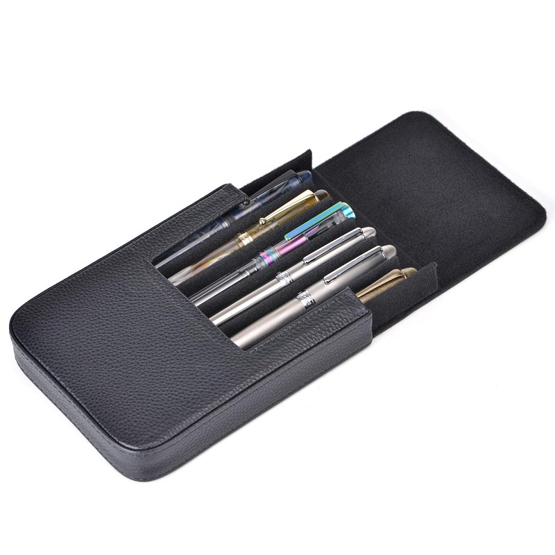 Lanxivi Genuine Leather Fountain Pen Case 6 Slot Black Leather