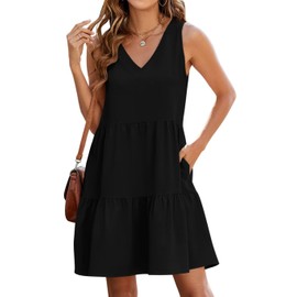 QACOHU Summer Dresses for Women 2025 Trendy Sleeveless A-line Tiered Short Dress Casual Mini Beach Vacation Dress with Pockets Black L