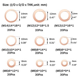 Pack of 200 Washers, Copper Flat Sealing Rings Set, Copper Sealing Rings Assortment for Screws (M5 M6 M8 M10 M12 M14)