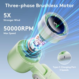 Portable Handheld Mini Fan, Foldable Powerful Winds Turbo Fan, 9000mAh Battery & 50000RPM Speed, USB Rechargeable Personal Fan with 5 Speed, Digital Display For Women Men Travel Camping Outdoor