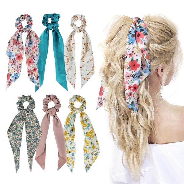 besbomig Pack of 6 Hair Bows Elastic Hair Band Floral Scarf Hair Bobbles Ponytail Holder - 2 in 1 Design Hair Accessories Ropes for Women Girls (Colour 3)