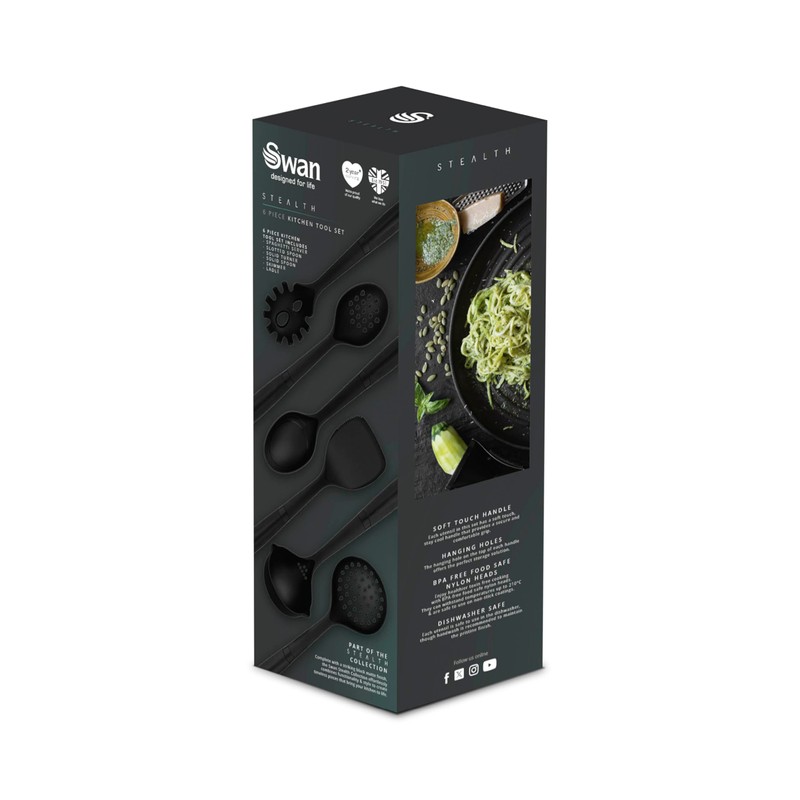 Swan SWKA61011BLKN Stealth 6 Piece Kitchen Tool Set, Spaghetti Server,