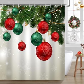 JOOCAR Christmas Shower Curtain Red and Green Christmas Balls Hanging On Pine Tree Branch Bathroom Shower Curtains for Bathtub Decor with Hooks 72x72 Inch