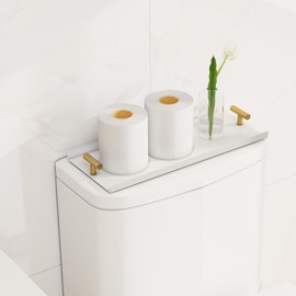 LSK LSK Toilet Paper Basket, White Tank Tray with Golden T-Handle, 14 Inch Bathroom Tray for Organizing, Aluminium Toilet Paper Storage for Tank Topper, Bathroom, Kitchen Counter