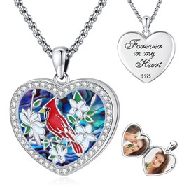 Eusense Heart Locket Necklace women's men memorial photo locket that Hold 2 Pictures Heart Shape cardinal locket Sterling Silver 925 keepsake jewelry red bird relicario para fotos Abalone Shell