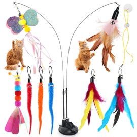 12pcs Juguetes para Gatos Interactivos, 8 Juguetes con Campanas, 2 Varas Teaser de Gato, 1 Taza Super Succión Extraíble Doble Cabeza, 1 Cordón Pegajos