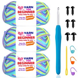 3 Pack Rainbow Beginner Crochet Yarn for Crocheting Knitting Multicolor Cotton Crochet Yarn for Beginners with Easy-to-See Stitches Cotton-Nylon Blend Easy Yarn for Beginners(Neon Green Blue)
