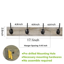 Sageme Wall Mounted Coat Rack, Wooden Entryway Vintage Rustic Coat Rack Hat Hanger Rack Zinc die-cast 4-Hook Rail for The Entryway, Bathroom, Bedroom, Kitchen, Mudroom Pinewood Alloy 4-Hook