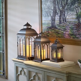Pebble Lane Living, Lombard Metal Lantern Set of 3, Outdoor-Friendly, 11" H, 15" H, 20.5" H, Bronze