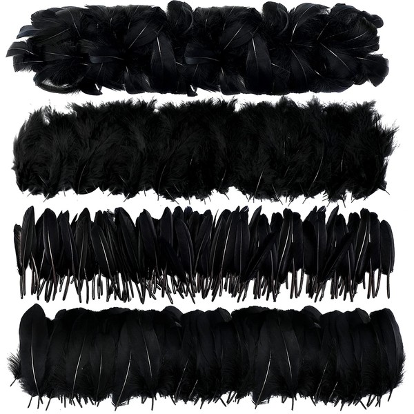 MWOOT Pack of 400 Black Feathers for Crafts, 7-15 cm Natural Craft Feathers Decoration for Dream Catcher Crafts, 4 Types of Feathers for Fancy Dress Costumes, Halloween Masks, Easter Accessories,