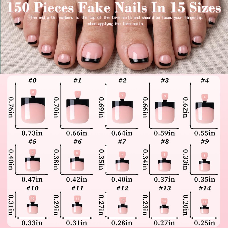 Fake Toe Nail Press ons-Black French Tip Press on Toenails