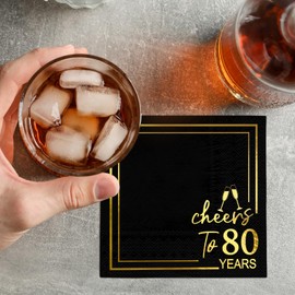 Horaldaily 100 Pack Cheers to 80 Years Cocktail Napkins, 5x5 Inches Black and Gold Foil Birthday Decorations Paper Napkins for Party Anniversary Lunch Dinner