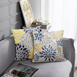 Sanwarm Throw Pillow Covers Home Decor Set of 4 Pillow Cases Decorative 18 x 18 Inches Outdoor Cushion Couch Sofa Pillowcases Spring Floral Blue Yellow Navy