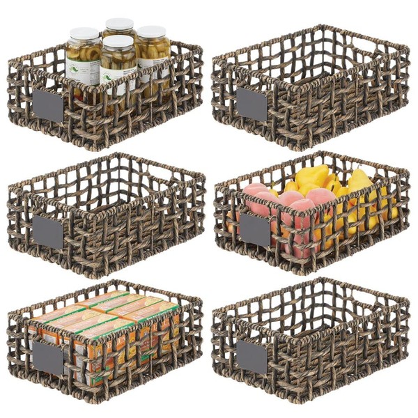 mDesign Hyacinth Open Weave Kitchen Cabinet Pantry Basket with Built-in Chalkboard Label for Organizing Kitchen Pantry, Cabinet, Cupboard, Shelves - Holds Food, Drinks, Snacks, 6 Pack, Black Wash