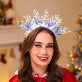 IYOU Light up Snowflake Headband Blue Leafs Icicle Hair Hoop Flashing Costume Festival Christmas Hair Accessories for Women and Girls