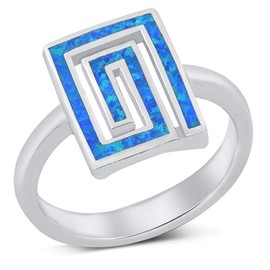 Blue Simulated Opal Greek Key Maze Ring New .925 Sterling Silver Band Size 9