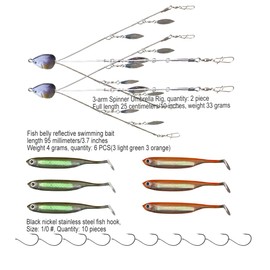 Shad Umbrella rigs, Umbrella rigs for stripers, Alabama rig 3 arm,3 Wire Spinners for trolling, School Bait Lures （3arm 2PCS with Orange & Green Softbait）