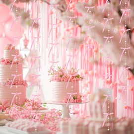 SmoothNovelty Pink Bows Birthday Decorations 6. 6 ft Satin Ribbon Bow Hanging Garland with Pearl 48 Pcs Pink Bows Coquette Party Decorations for Bachelorette Baby Shower Tying The Knot Bridal Wedding