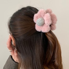 Flower Hair Clips for Women Girls Cute Pink Fluffy Claw Clip for Long Curly Thick Thin Hair Brown Medium Plastic Jaw Claw Clips Strong Hold Hair Catch Clamps Barrettes Headwear Hair Styling Clips