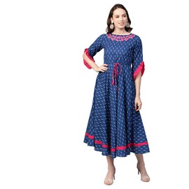 Yash Gallery Vestido de mujer de algodón Cambric bordado con estampado Ikat Anarkali Kurta (azul), Azul / Patchwork, S