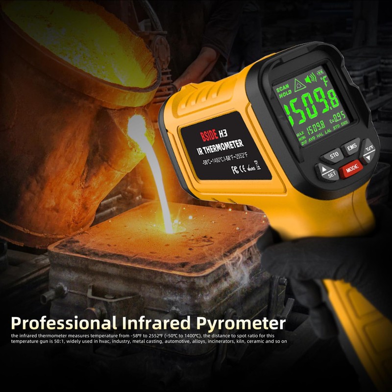 BSIDE Infrared Thermometer Pyrometer 50:1 Industrial Temperature Gun -58℉~2552℉(-50℃~1400℃) IR