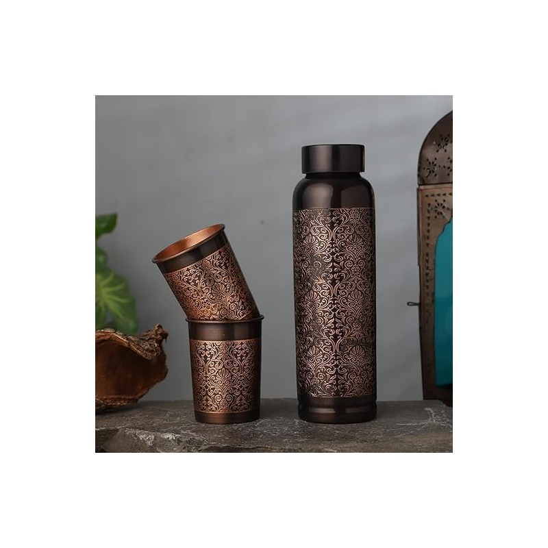 ANCIENTIMPEX Pure Copper Water Bottle with 2 Tumblers Set, Beautiful