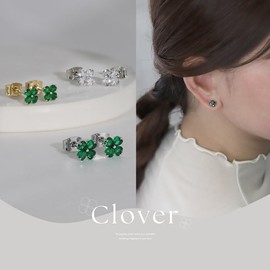 Rin Clover Earrings, Small, Cubic Zirconia, Surgical Stainless Steel, Good Luck, For Both Ears, Set of 2