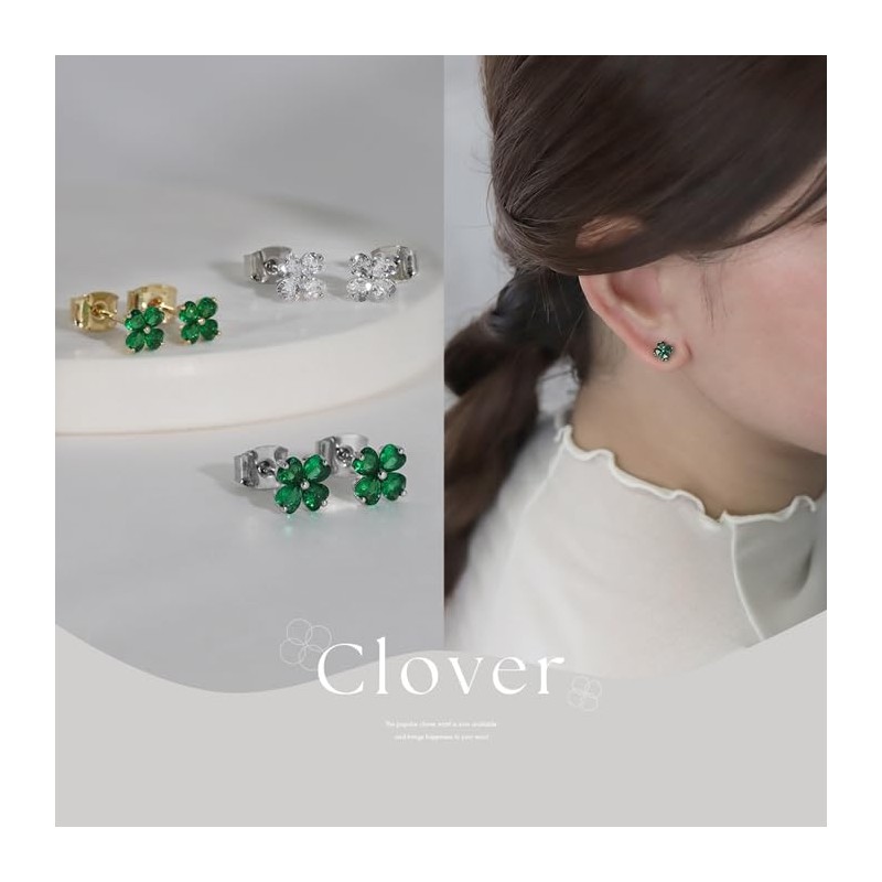 Rin Clover Earrings, Small, Cubic Zirconia, Surgical Stainless Steel, Good