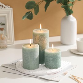 MIRASCENTS 3x4 Inch Sage Green Pillar Candles Set of 3 - Unscented Spring Candles, Long Clean Burning, Large Big Candles, Smokeless Dripless Candles for Spring Home Decor, Dinner Table, Bathroom, Rustic Decor